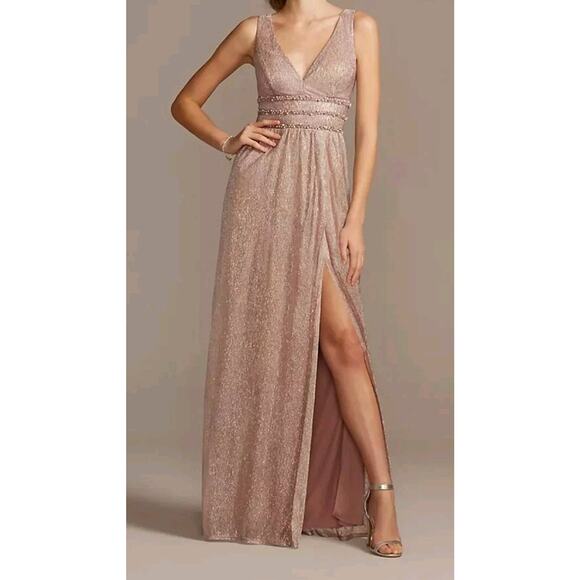 City Triangles Metallic ALine Gown with Beaded Waist Bands Blush PROM WEDDING 13 - Picture 1 of 12